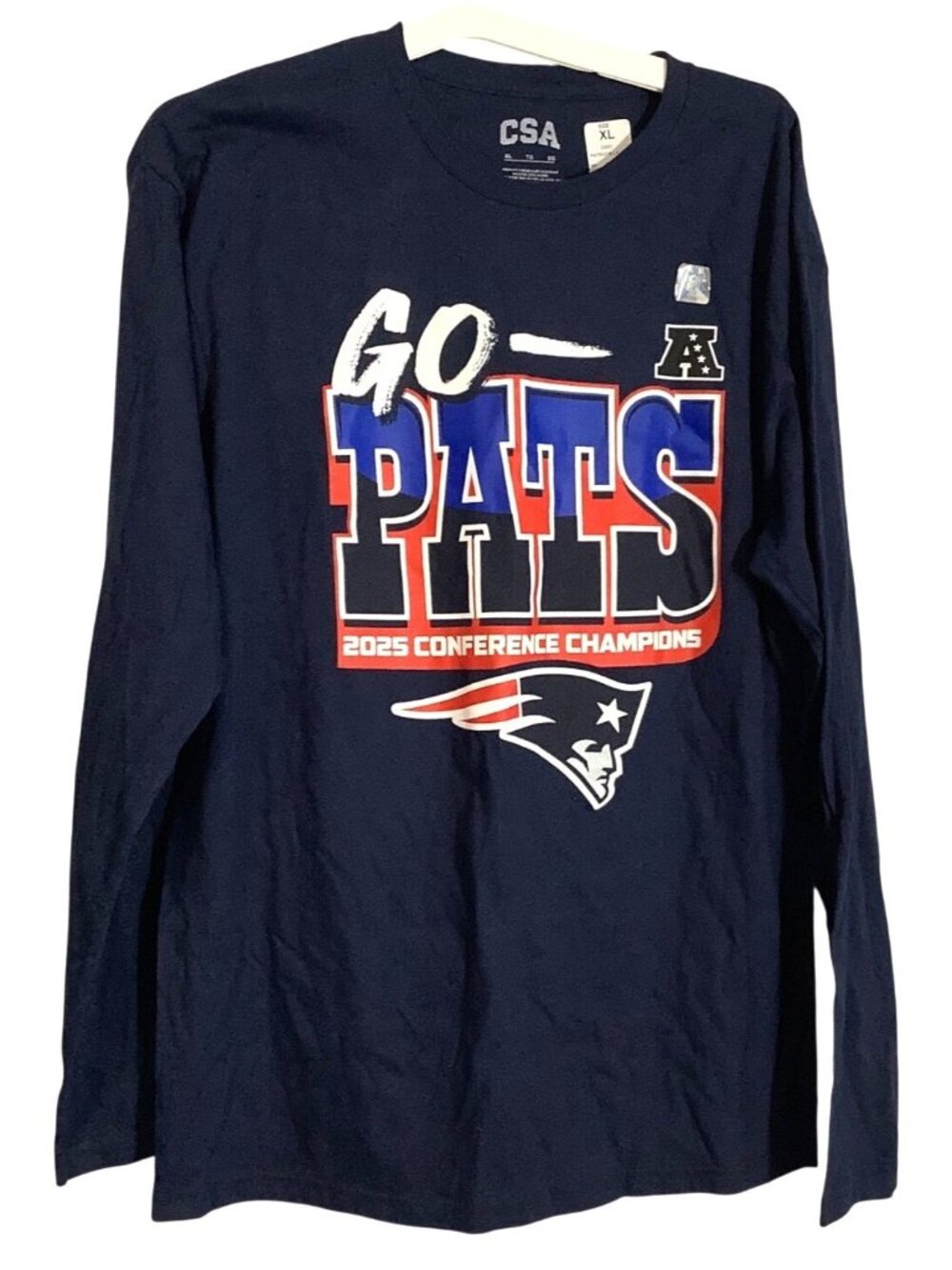 Go Pats 2025 Conference Champions Long Sleeve Navy T-Shirt XL CSA